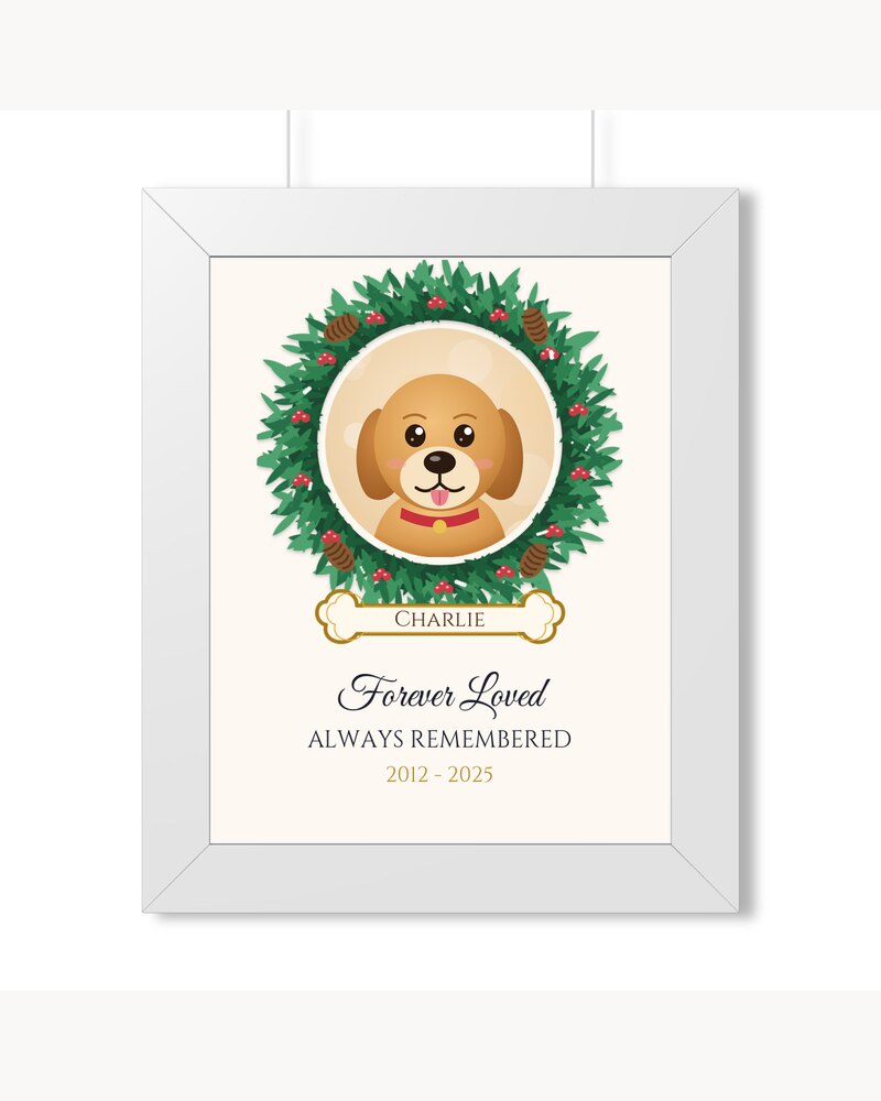 Framed Posters: Custom Photo Pet Memorial Wreath Framed Poster - Personalized Pet Memorial Sympathy Christmas Gifts For Loss Of Dog, Cat - Forever Loved, Always Remembered