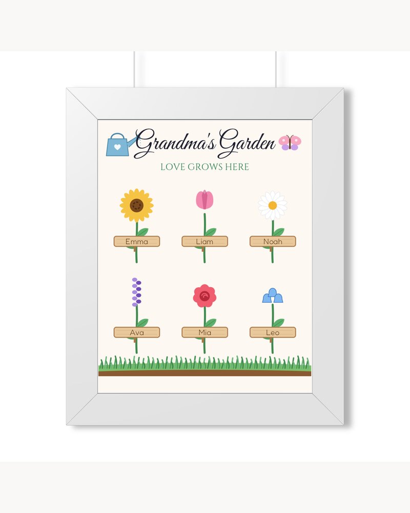 Framed Posters: Grandma's Garden Grandkids Names Framed Poster - Personalized Mother's Day Christmas Birthday Gifts For Grandma, Nana, Mimi, Mom - Love Grows Here