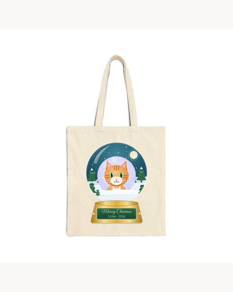 Tote Bags: Custom Photo Cat Meowy Christmas Snow Globe Tote Bag - Personalized Christmas Gifts For Cat Lovers, Cat Moms And Dads - Meowy Christmas