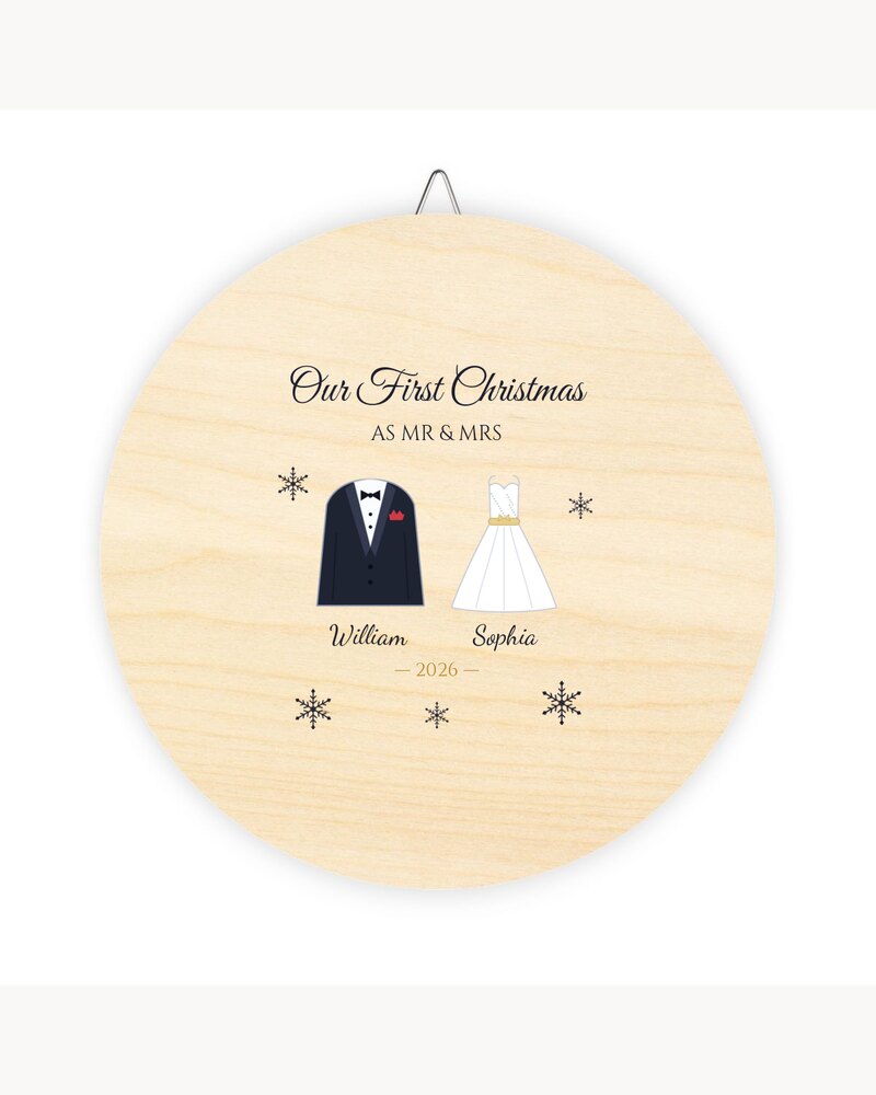Our First Christmas As Mr & Mrs Wood Sign - Personalized Christmas Wedding Anniversary Gifts For Newlyweds, Husband And Wife - Our First Christmas