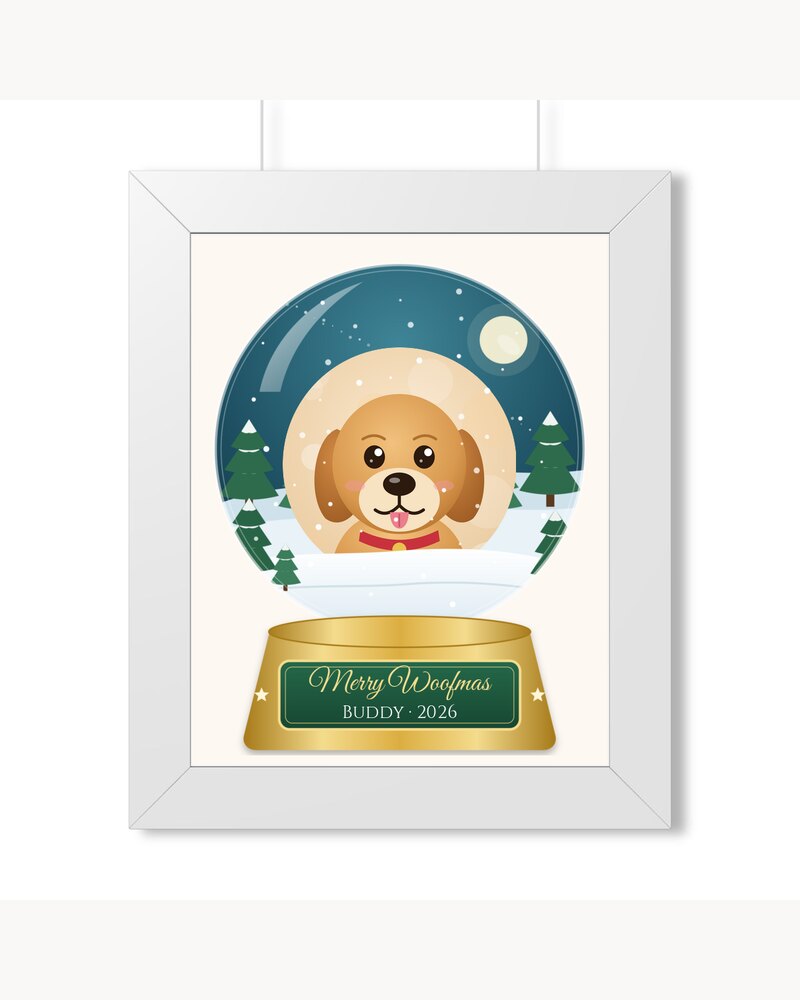 Framed Posters: Custom Photo Dog Merry Woofmas Snow Globe Framed Poster - Personalized Christmas Gifts For Dog Lovers, Dog Moms And Dads - Merry Woofmas
