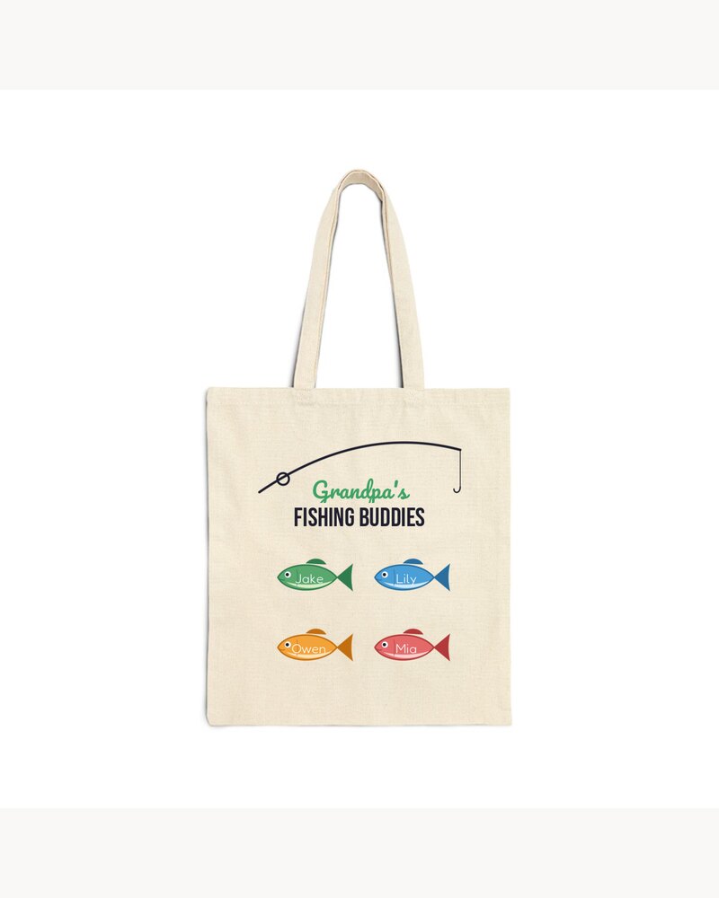 Tote Bags: Grandpa's Fishing Buddies Kids Names Tote Bag - Personalized Father's Day Birthday Christmas Gifts For Grandpa, Dad, Papa - Reel Cool Grandpa